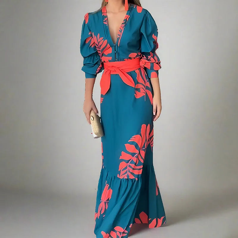 Maribel™ - Bohemian Print Dress with V-Neck and Long Sleeved