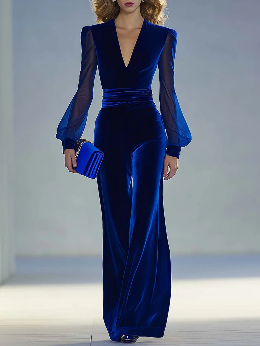 Retro elegant V-neck mesh long-sleeved royal velvet jumpsuit